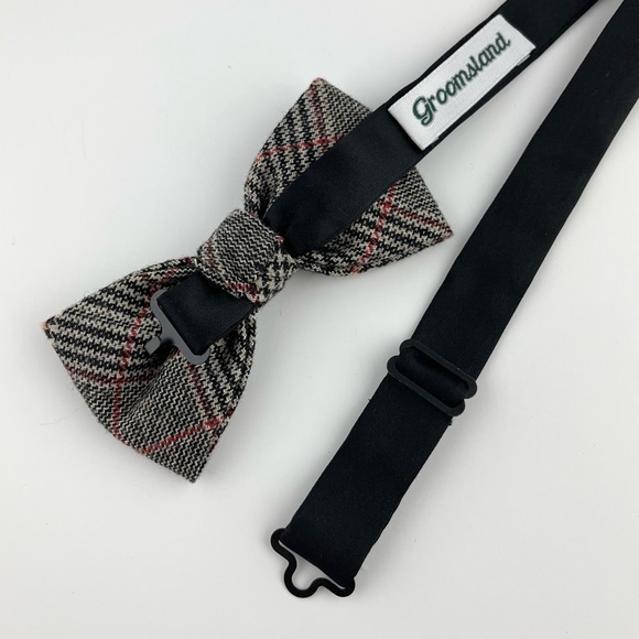 Men’s Glencheck Wool Bow Tie & Red Floral Pocket Square Set - Picture 4 of 5